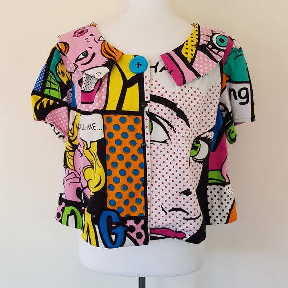 Unique Handmade Button Through Cartoon Short Crop Blouse Top Cosplay Relaxed Fit - Picture 12 of 12